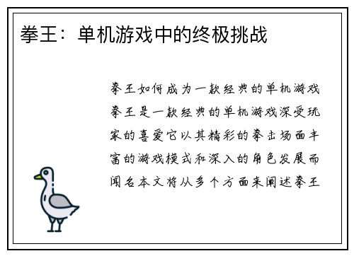 拳王:单机游戏中的终极挑战
